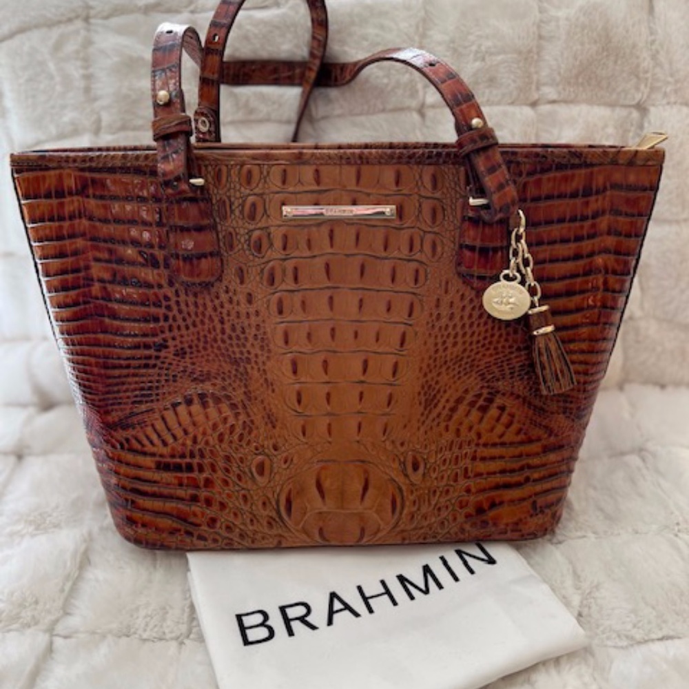 BRAHMIN Melbourne Collection: Leather Crocodile-Embossed Pecan Tasseled Tote